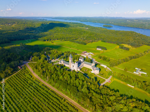 Abbaye de Saint Benoit du Lac aerial view on the Lake Memphremagog in Memphremagog County, Quebec QC, Canada.  photo