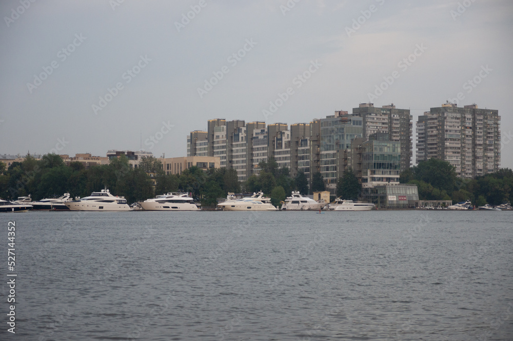 View of the Khimki reservoir from the Pokrovsky Coast - Pokrovskoye-Streshnevo - Moscow Park. River navigation, recreational water transport and watersports