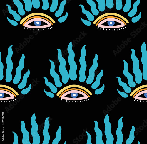 Hand drawn eye doodles seamless pattern. Evil eyes. Vector illustration. Perfect for wallpapers, web page backgrounds, surface textures, textile.