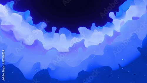 Abstract waves of soft blue matte material with light inner glow and glitters on surface. Abstract geometric surface like landscape or terrain, extrude or displace 3d noise. 3d render