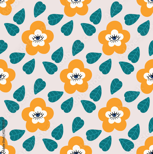 Hand drawn eye doodles and leaves seamless pattern. Evil eyes. Vector illustration. Perfect for wallpapers, web page backgrounds, surface textures, textile.