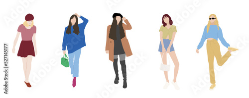 People in fashionable clothes flat vector illustrations set. Stylish female models isolated design elements on white background. Modern girls characters collection.