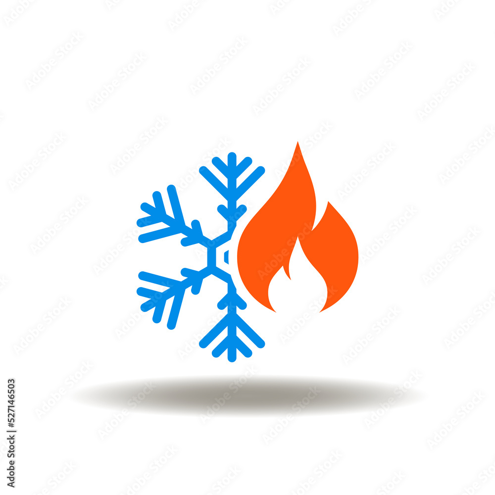 Vector illustration of snowflake and fire flame. Icon of air conditioning. Sign of conditioner