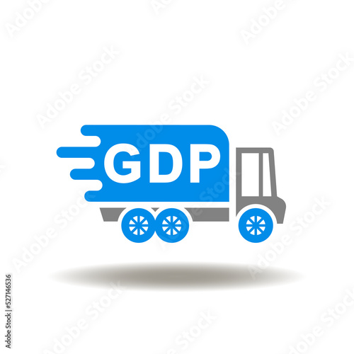 Vector illustration of fast speed truck with GDP abbreviation. Icon of good distribution practice. Symbol of cargo logistic, delivery.
