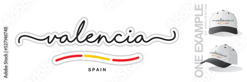 Valencia Spain, abstract Spain flag ribbon, new modern handwritten typography calligraphic logo icon with example of application