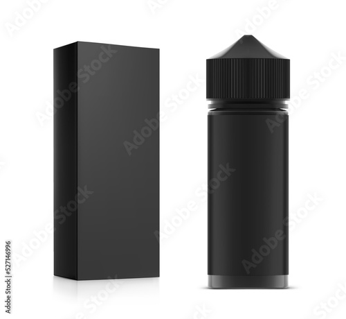 Black vape bottle and box mockup isolated on white background. Vector illustration. Can be used to present cigarette liquid, medical and other needs. EPS10.	