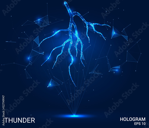 The lightning hologram. Thunder from polygons, triangles of points and lines. Lightning icon low poly connection structure. Technology concept vector.