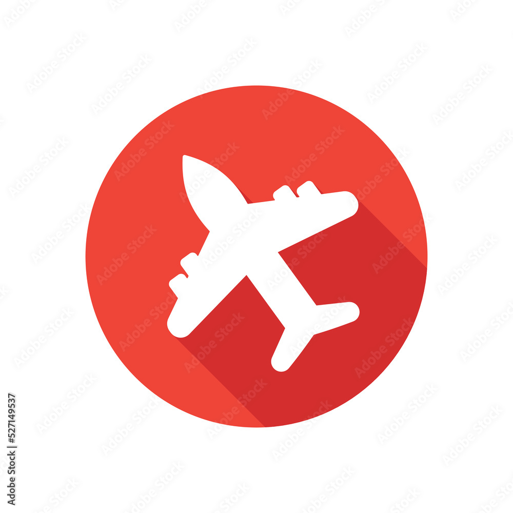 Airplane, plane icon with long shadow style. Travel symbol. Vector illustration.