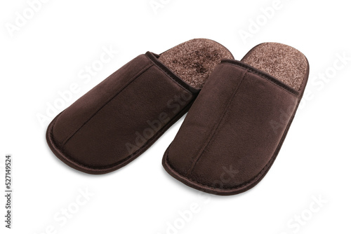 Pair of brown slippers on white background