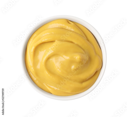 Spicy mustard in bowl isolated on white, top view