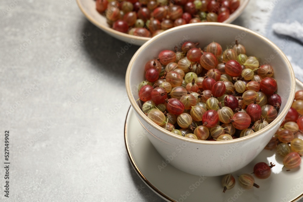 Fresh ripe gooseberries in bowls on light grey table. Space for text
