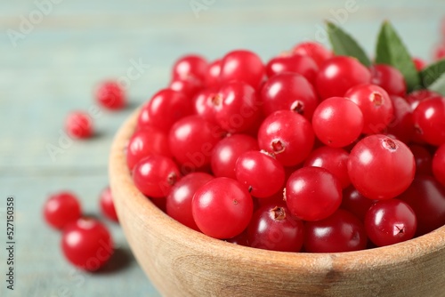 Tasty ripe cranberries on light blue table, closeup