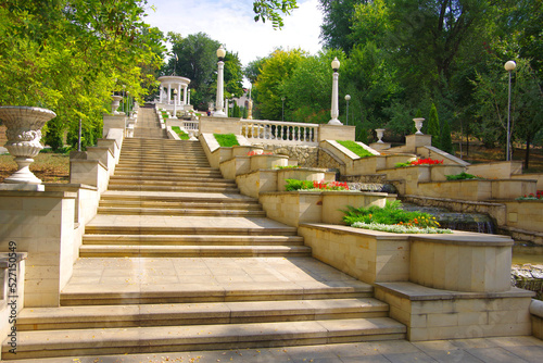 Moldova, Kishinev.  View of a white gazebo with columns and steps leading up.
