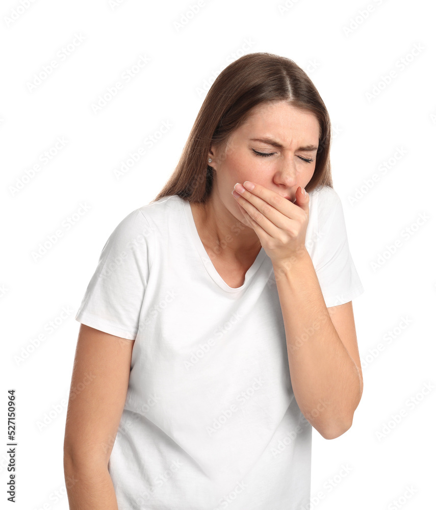 Woman suffering from nausea on white background. Food poisoning Woman suffering from nausea on white background. Food poisoning