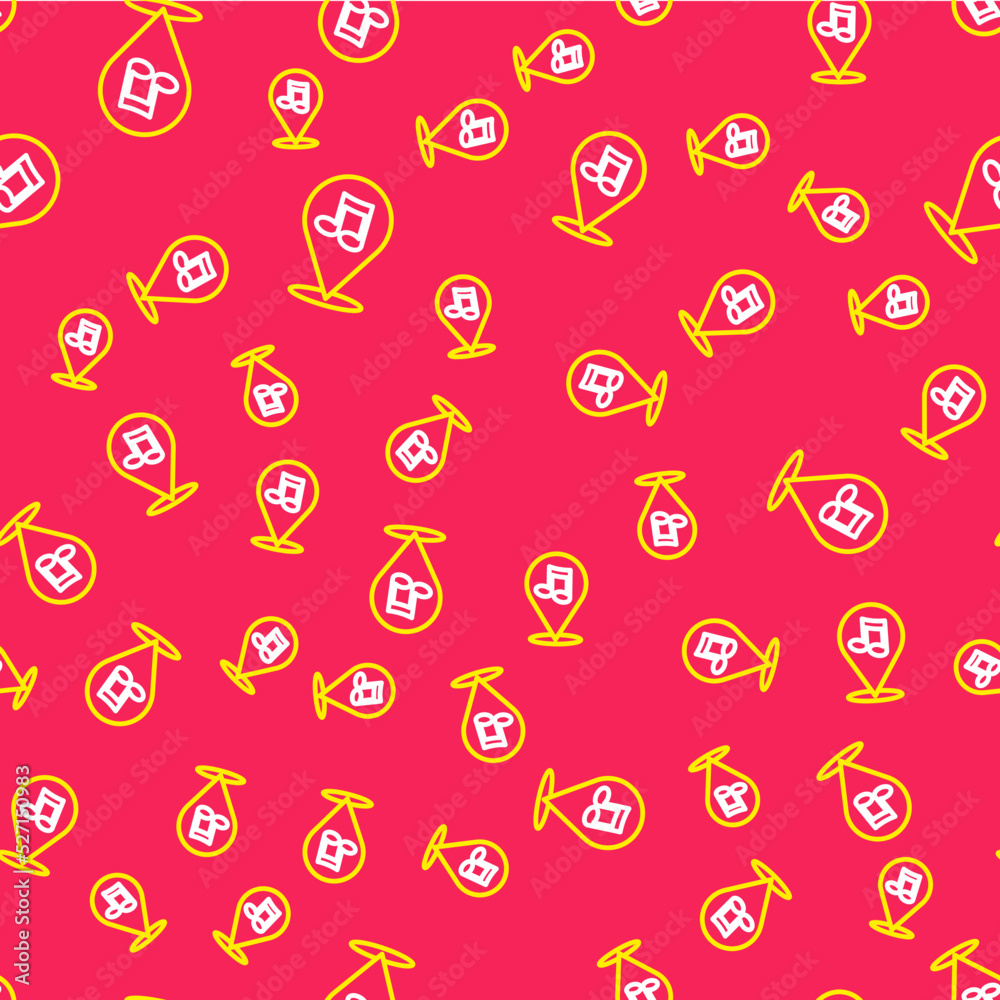 Line Location musical note icon isolated seamless pattern on red background. Music and sound concept. Vector Line Location musical note icon isolated seamless pattern on red background. Music and sound concept. Vector
