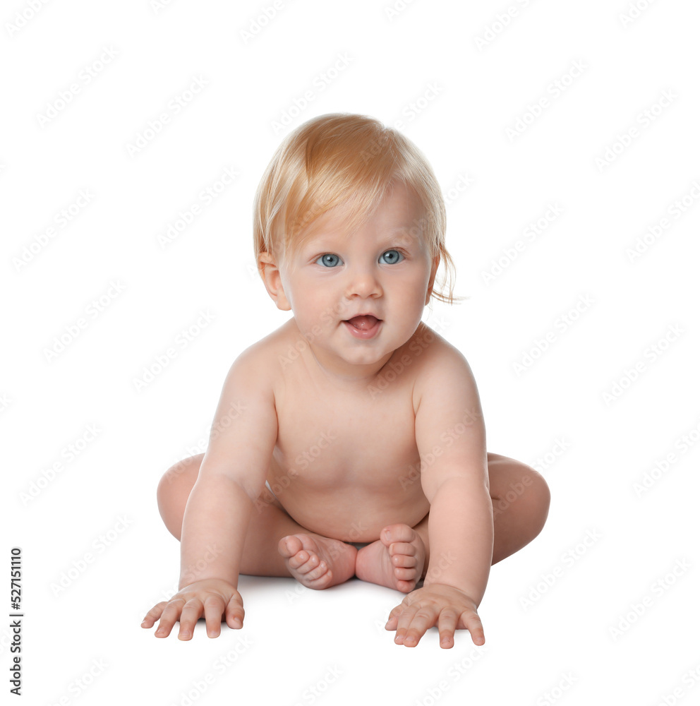 Cute little baby in diaper on white background Cute little baby in diaper on white background