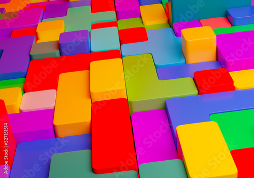 Mosaic of colorful shapes. Abstract construction  blocks tetris shapes. Geometric shapes. Concept of creative  logical thinking. Geometric shapes in different colors  top view. 3D image.