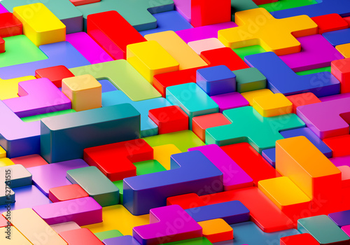 Mosaic of colorful shapes. Abstract construction blocks tetris shapes. Geometric shapes. Concept of creative, logical thinking. Geometric shapes in different colors, top view. 3D image.