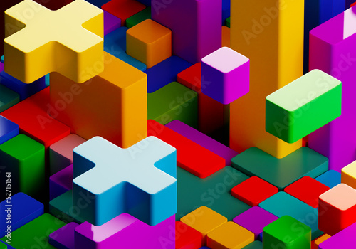 Geometric shapes in different colors. Wooden blocks, different primary shapes. Different colorful shapes wooden blocks on light background. 3D image