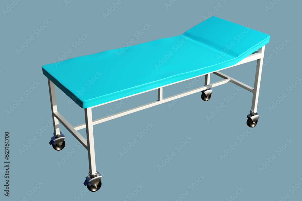 Hospital couch. Couch for hospital patient on wheels. Equipment for city hospital. Visualization of couch for transporting patients. Sick service equipment in clinic. 3d rendering. Hospital couch. Couch for hospital patient on wheels. Equipment for city hospital. Visualization of couch for transporting patients. Sick service equipment in clinic. 3d rendering.