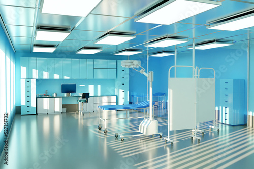 Clinic neurosurgery. Clinic room without people. Interior neurosurgery department. Surgical lamp over patients couch. Modern hospital interior visualization. Place for examining patient. 3d image