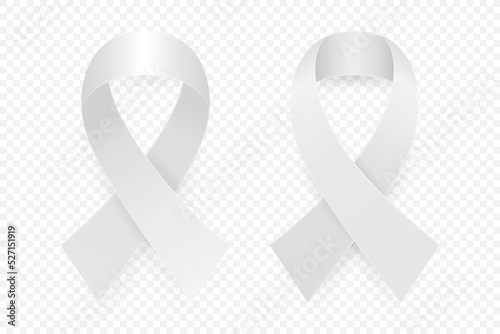 Vector 3d Realistic Clear White Ribbon Set. Lung Cancer Awareness Symbol Closeup. Cancer Ribbon Template. World Lung Cancer Day Concept