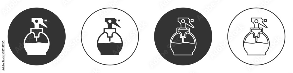 Black Hairdresser pistol spray bottle with water icon isolated on white background. Circle button. Vector Black Hairdresser pistol spray bottle with water icon isolated on white background. Circle button. Vector