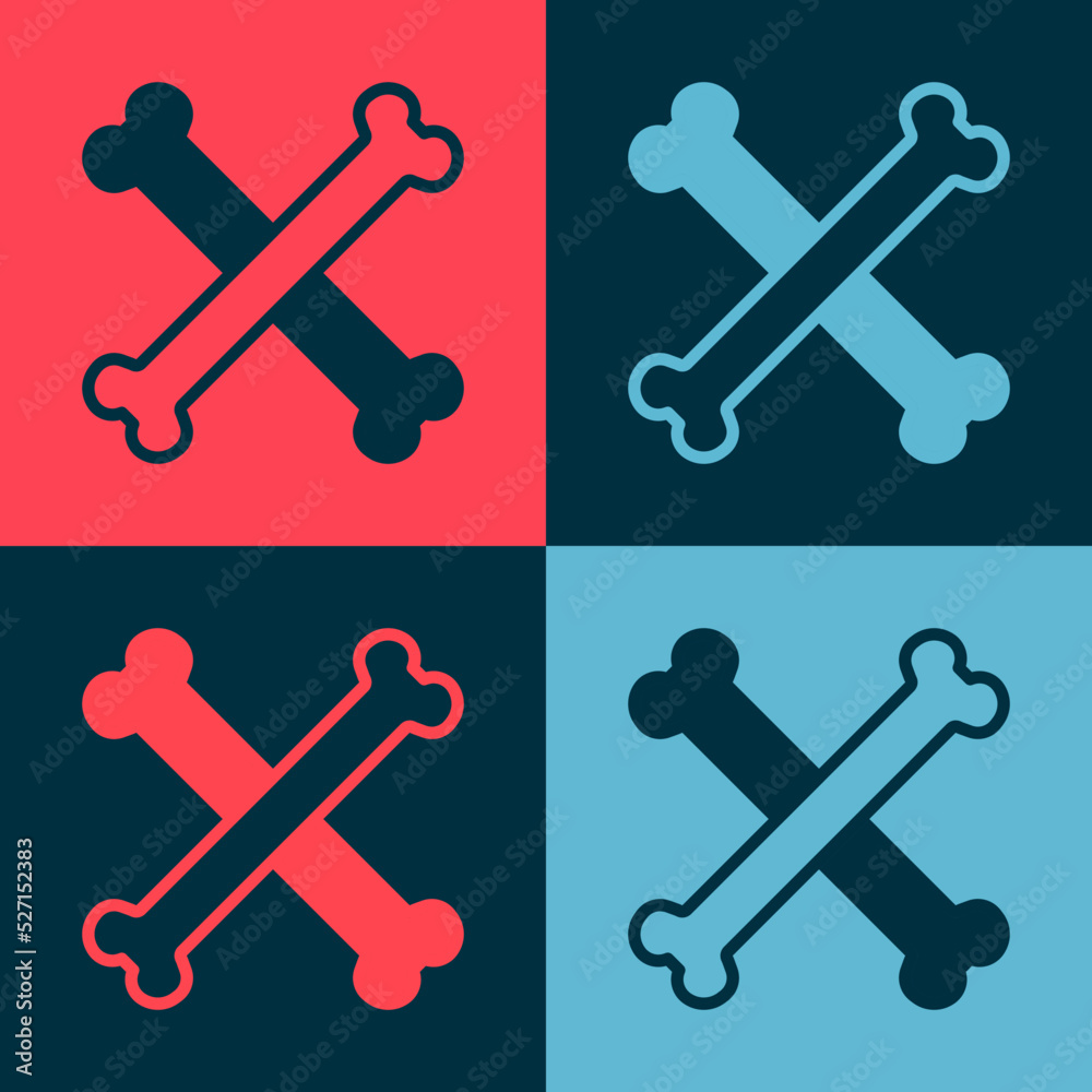 Pop art Crossed bones icon isolated on color background. Pets food symbol. Happy Halloween party. Vector Pop art Crossed bones icon isolated on color background. Pets food symbol. Happy Halloween party. Vector