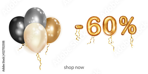 Discount creative illustration with white and gold helium flying balloons and golden foil numbers. 60 percent off. Sale poster with special offer on white background