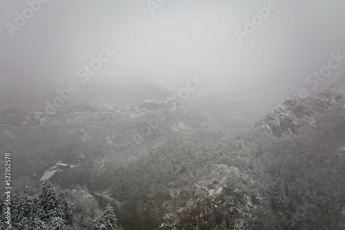 Aerial foggy landscape with mountain cliffs covered with fresh fallen snow during heavy snowfall in winter mountain forest on cold quiet day
