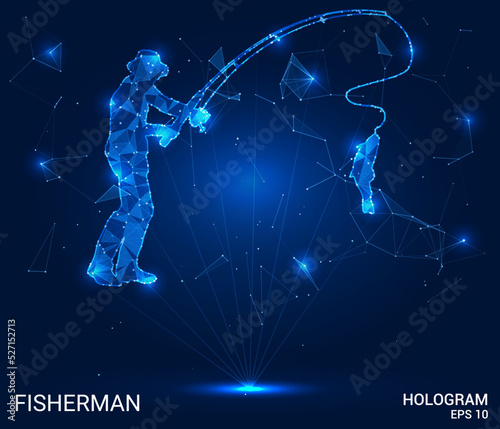 A hologram of a fisherman. Fisherman polygons, triangles points and lines. Fishing icon low-poly compound structure. Technology concept vector.