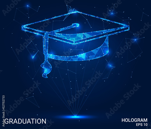 Hologram graduation. Graduation from polygons, triangles of points and lines. The exhaust icon is a low-poly compound structure. Technology concept vector.