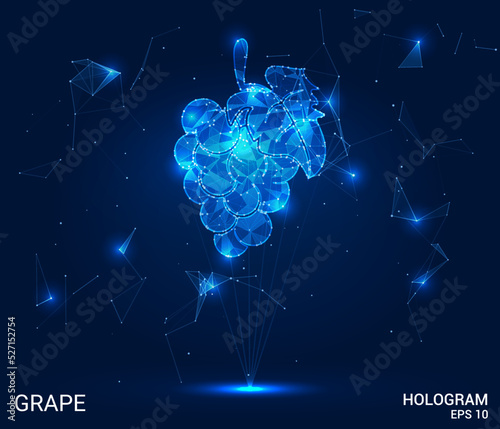 A hologram of grapes. Grapes are made of polygons, triangles of points and lines. Grape icon is a low-poly compound structure. Technology concept vector.