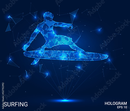 Hologram surfing. A surfer made of polygons, triangles of dots and lines. Surfing icon low-poly connection structure. Technology concept vector. © newrossosh