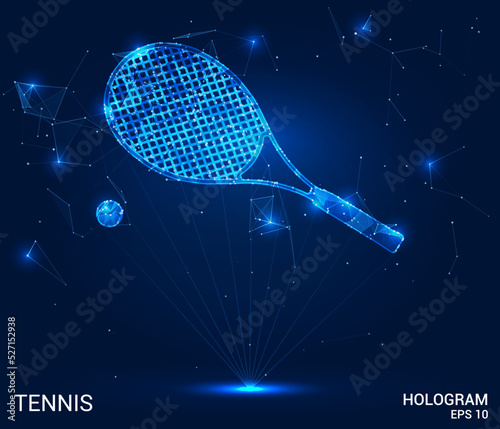 Hologram tennis. A tennis racket and a ball made of polygons, triangles of dots and lines. Tennis icon is a low-poly compound structure. Technology concept vector.