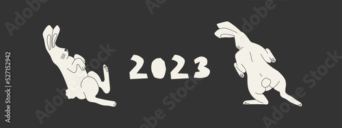 Hares or rabbits flying, meditating or jumping, in different poses around the number 2023. Symbol of 2023 bunnies on a black background. Minimalistic vector banner.