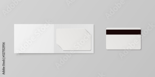 Vector 3d Realistic White Guest Room, Plastic Hotel Apartment Keycard, ID Card, Sale, Credit Card with Magnetic Strip. Design Template with Paper Cover Case, Wallet for Mockup, Branding. Top View