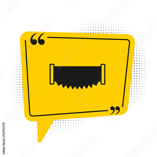 Black Two-handed saw icon isolated on white background. Yellow speech bubble symbol. Vector