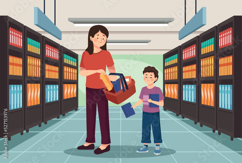 mom and son buying supplies