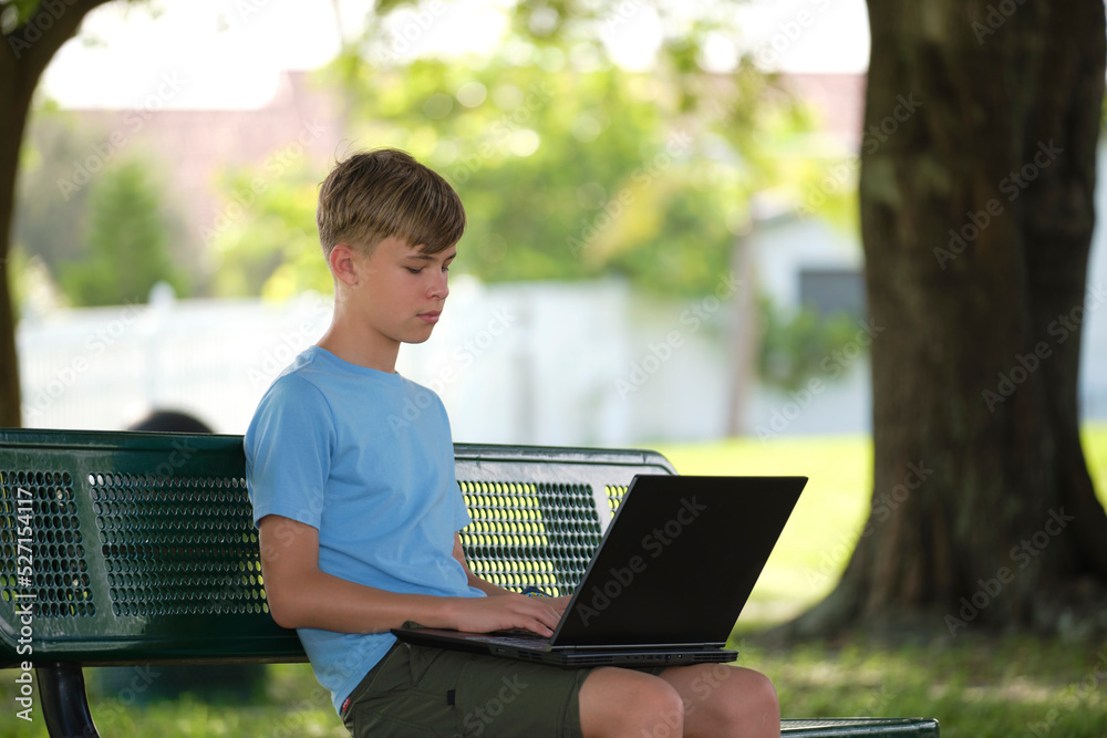 Handsome teenager boy studying typing on laptop computer sitting on bench in park on summer sunny day. Education during quarantine vacations concept Handsome teenager boy studying typing on laptop computer sitting on bench in park on summer sunny day. Education during quarantine vacations concept