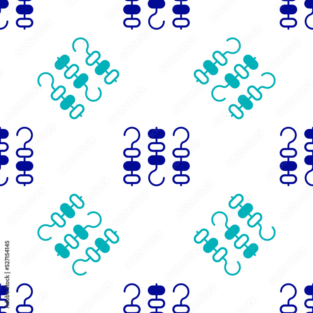 Blue Grilled shish kebab on skewer stick icon isolated seamless pattern on white background. Meat kebab on skewer stick. Picnic with grilled meat. Vector Blue Grilled shish kebab on skewer stick icon isolated seamless pattern on white background. Meat kebab on skewer stick. Picnic with grilled meat. Vector