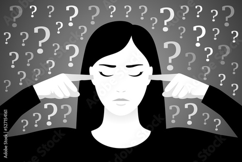 Woman is plugging ears with fingers, with many question marks around
