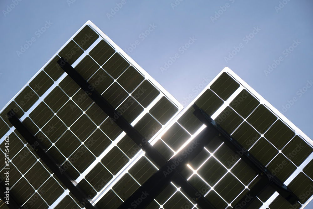 Solar photovoltaic panels mounted on metal frame for producing clean ecological electric energy. Renewable electricity with zero emission concept