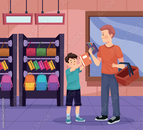dad and son buying supplies