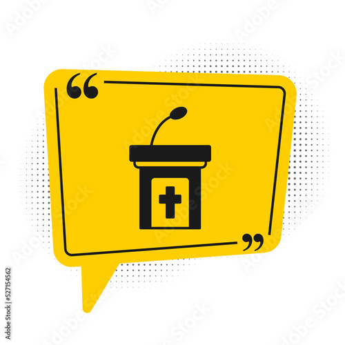 Black Church sermon tribune icon isolated on white background. The podium of the preacher in the church. Yellow speech bubble symbol. Vector