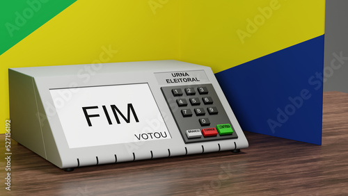 Renderização 3D de urna eletrônica em cabine eleitoral com cores da bandeira do brasil, escrito em em português na tela 