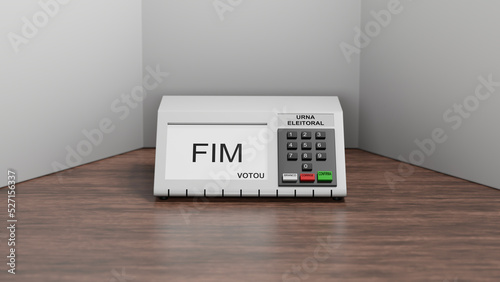 Renderização 3D de urna eletrônica brasileira em cabine eleitoral branca, escrito em em português na tela 