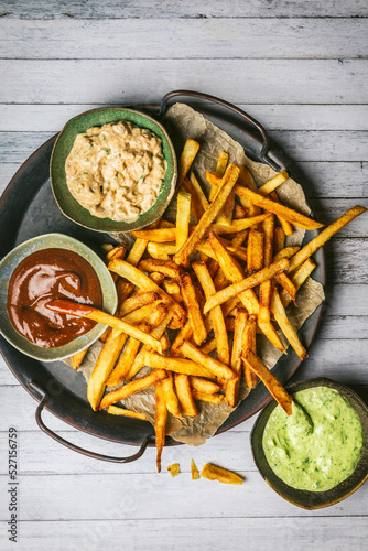 Pommes frites with three dips overhead