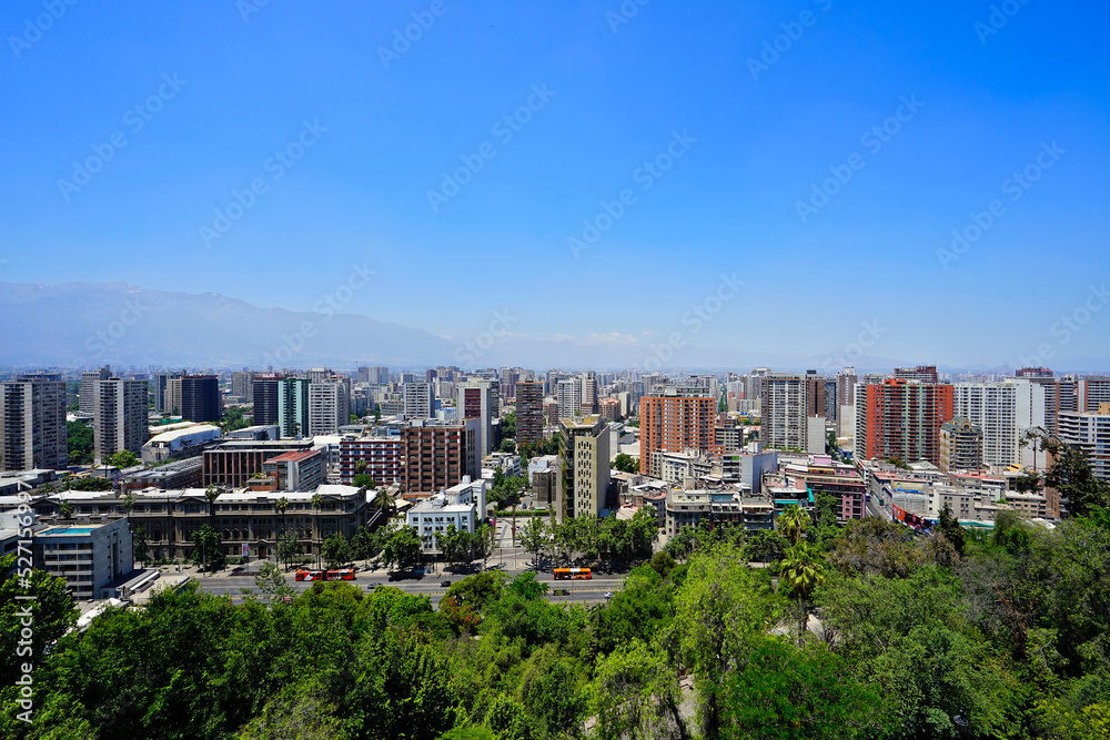 Modern towers, Cityscape of Santiago de Chile from the top of the hill of Santa Lucia