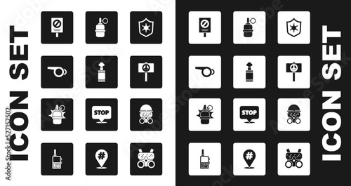Set Police badge, Hand grenade, Whistle, Protest, Peace, Gas mask and icon. Vector